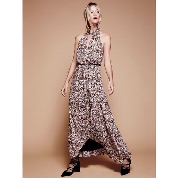 Free People Animal Instincts Maxi Halter Open Back Dress in Cheetah Combo Size 0 - Picture 2 of 12